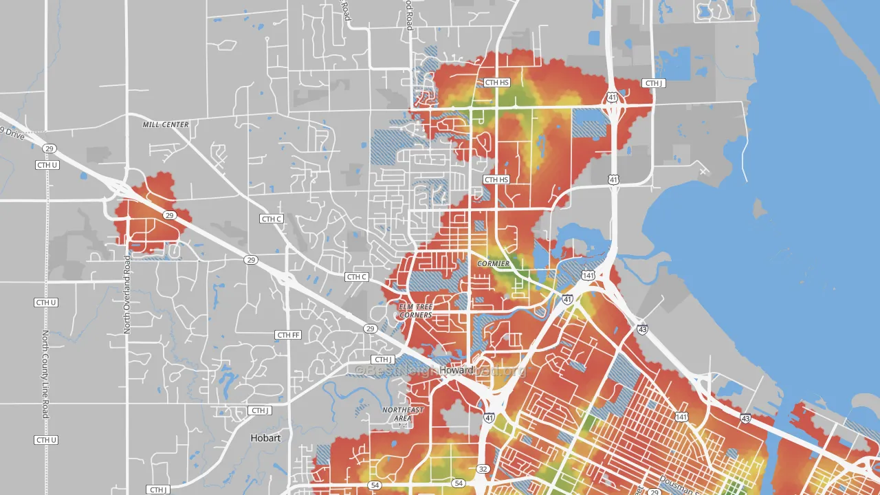 Walk Grade map of Howard, WI, walkable areas in green and car-dependent areas in red