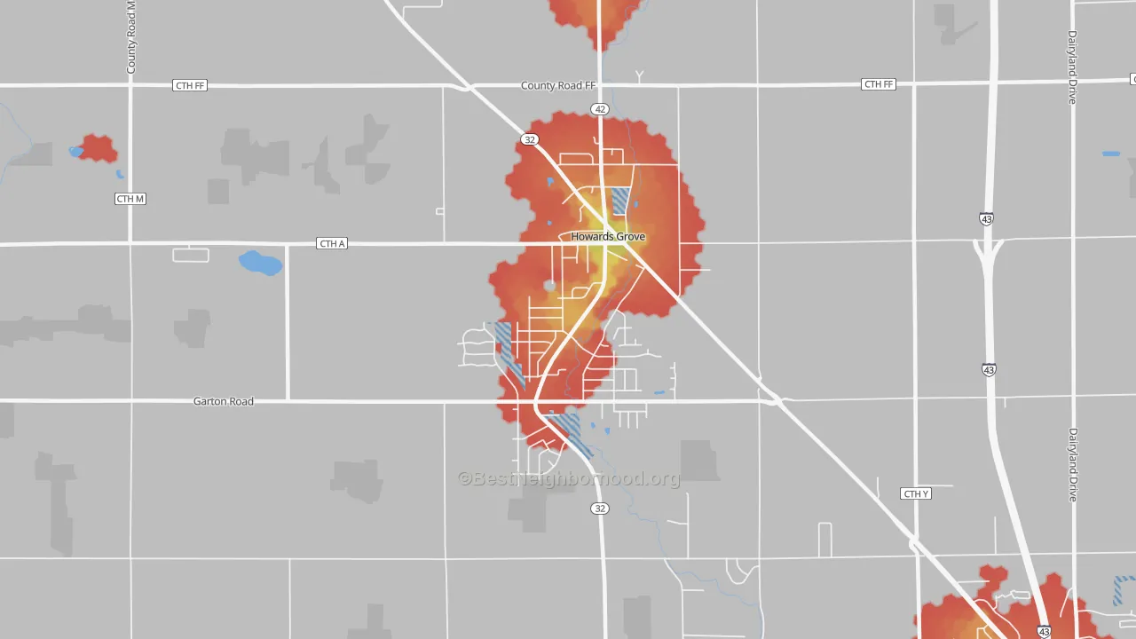Walk Grade map of Howards Grove, WI, walkable areas in green and car-dependent areas in red