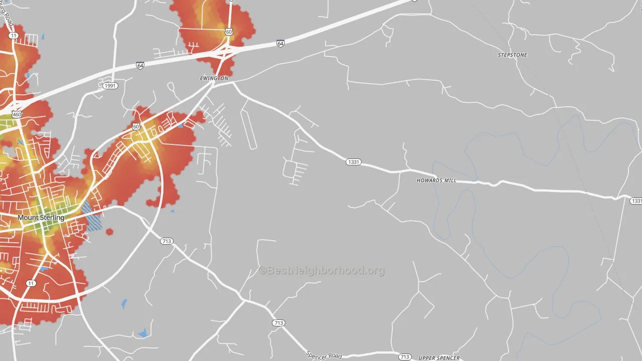 Walk Grade map of Howards Mill, KY, walkable areas in green and car-dependent areas in red