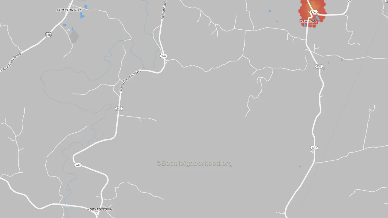 Walk Grade map of Howardstown, KY, walkable areas in green and car-dependent areas in red