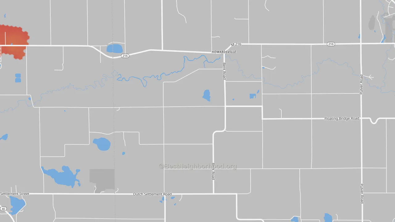 Walk Grade map of Howardsville, MI, walkable areas in green and car-dependent areas in red