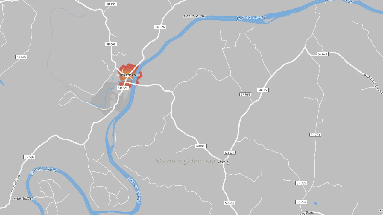 Walk Grade map of Howardsville, VA, walkable areas in green and car-dependent areas in red