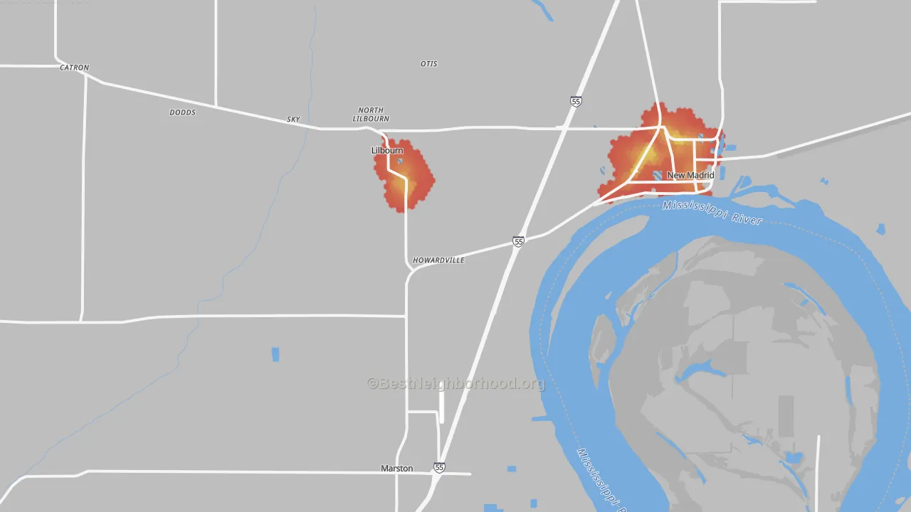 Walk Grade map of Howardville, MO, walkable areas in green and car-dependent areas in red