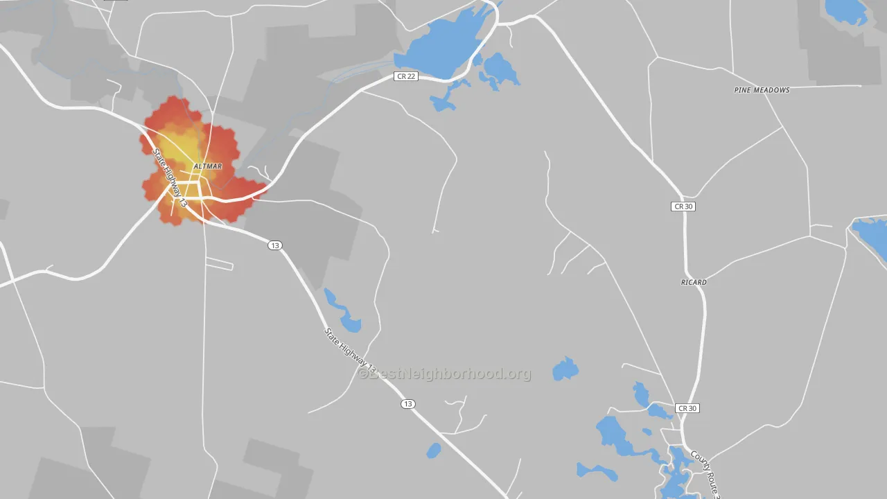 Walk Grade map of Howardville, NY, walkable areas in green and car-dependent areas in red