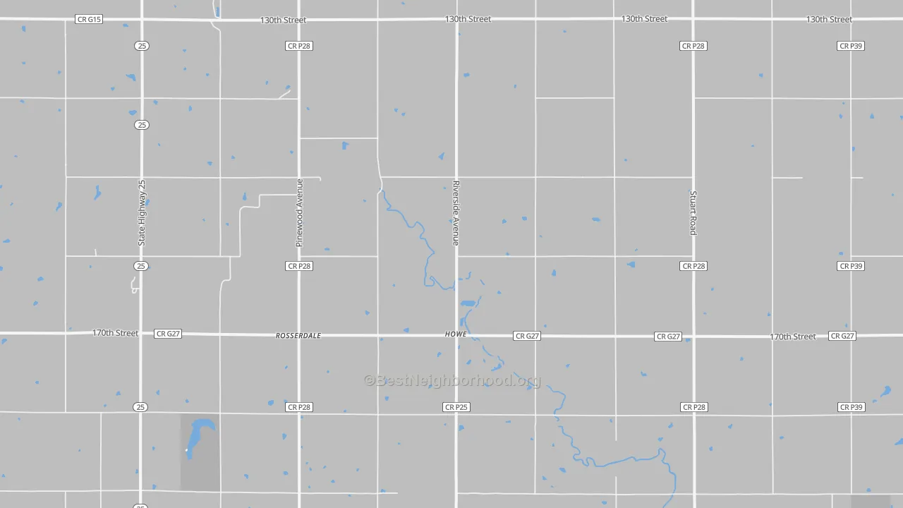 Walk Grade map of Howe, IA, walkable areas in green and car-dependent areas in red