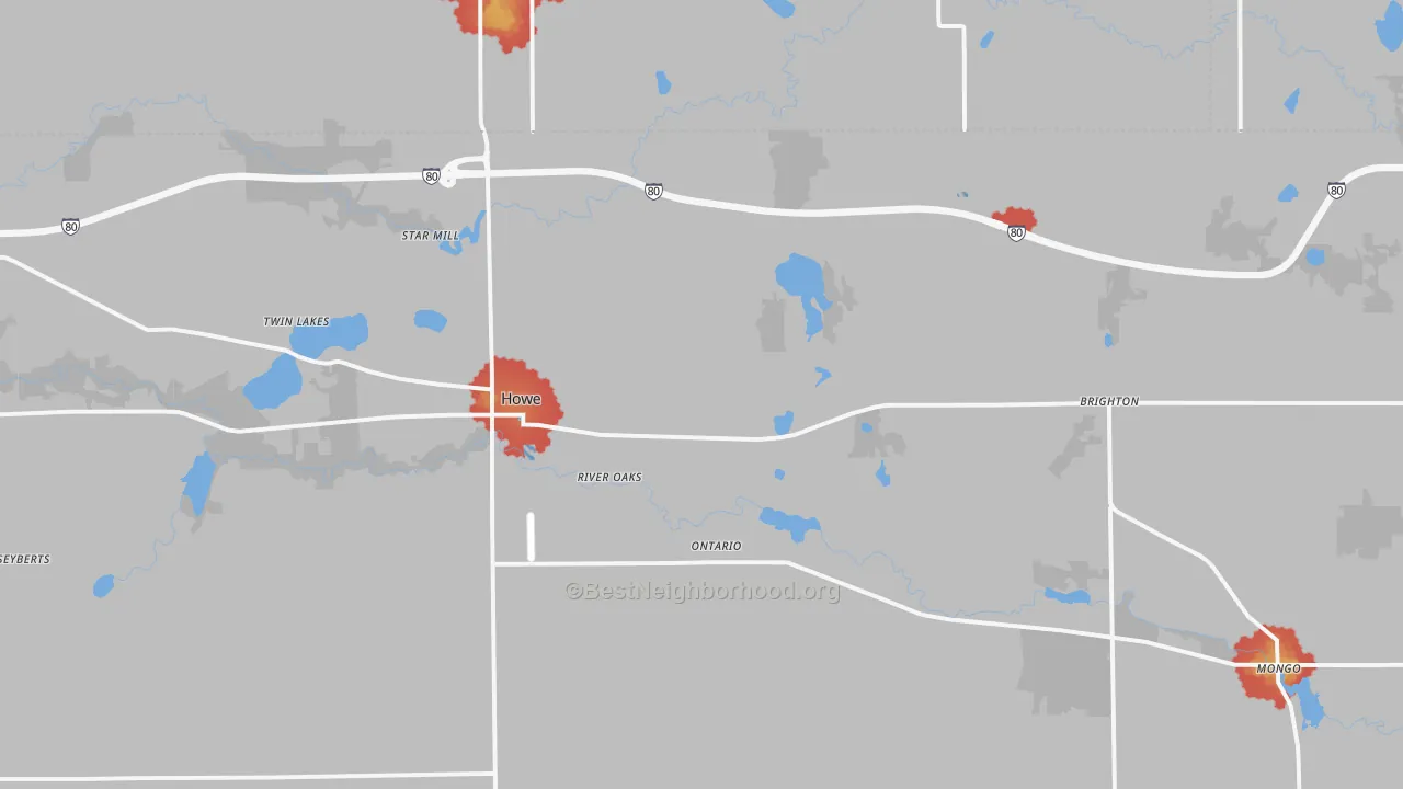 Walk Grade map of Howe, IN, walkable areas in green and car-dependent areas in red