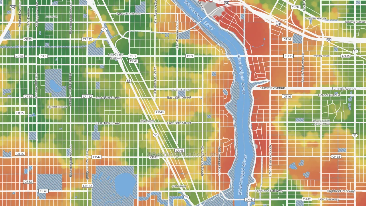 Walk Grade map of Howe, Minneapolis, MN, walkable areas in green and car-dependent areas in red