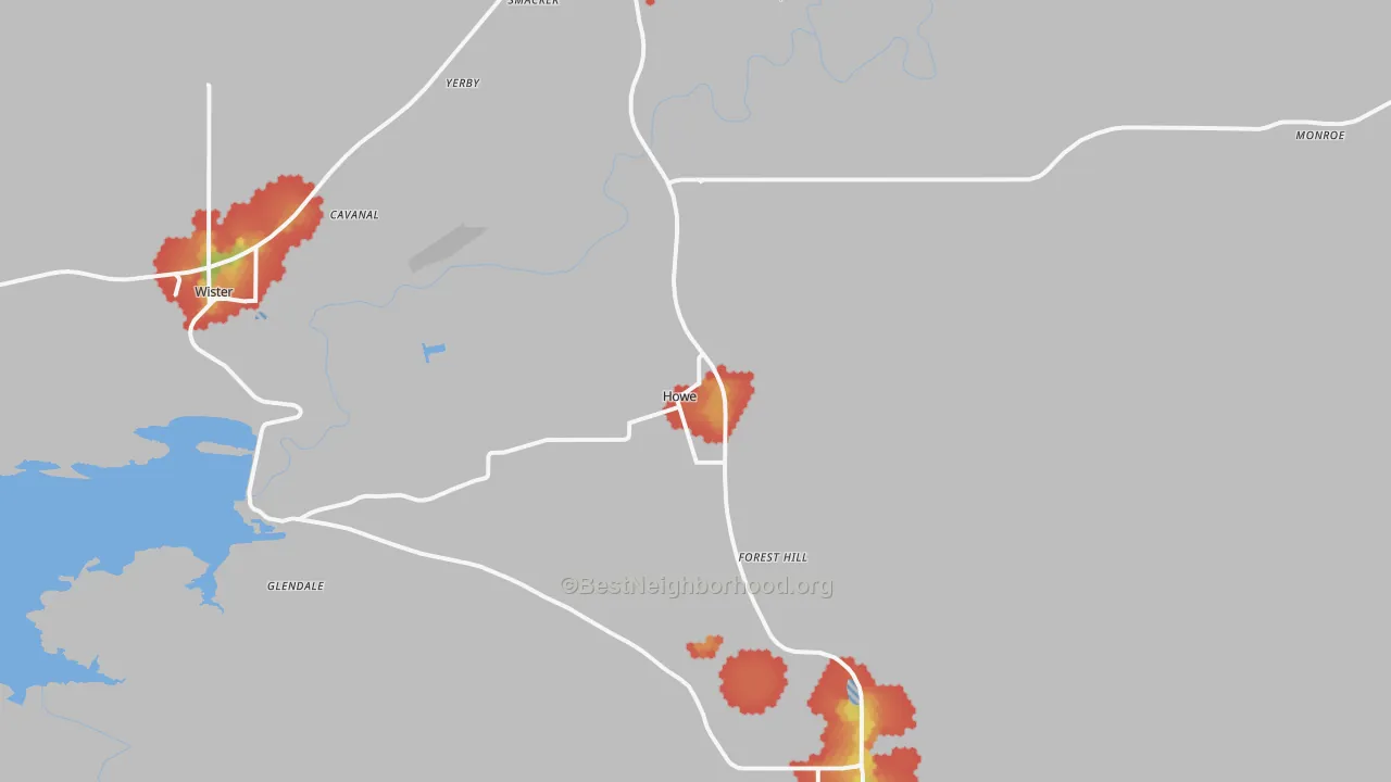 Walk Grade map of Howe, OK, walkable areas in green and car-dependent areas in red