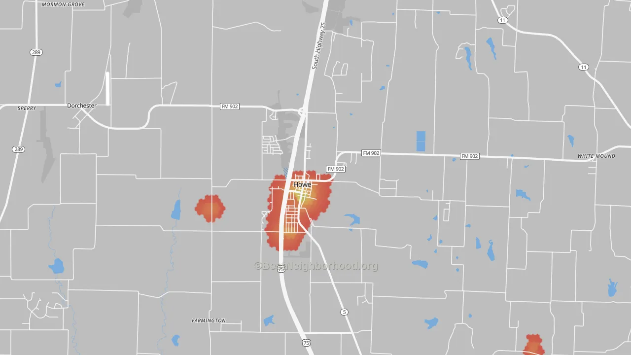 Walk Grade map of Howe, TX, walkable areas in green and car-dependent areas in red