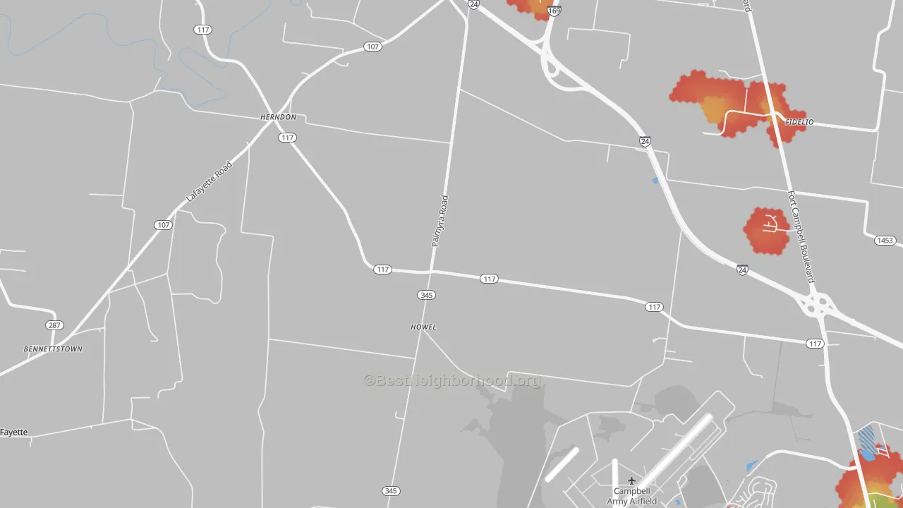 Walk Grade map of Howel, KY, walkable areas in green and car-dependent areas in red