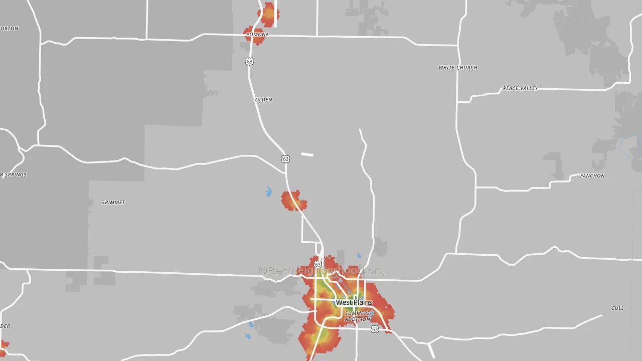 Walk Grade map of Howell County, MO, walkable areas in green and car-dependent areas in red