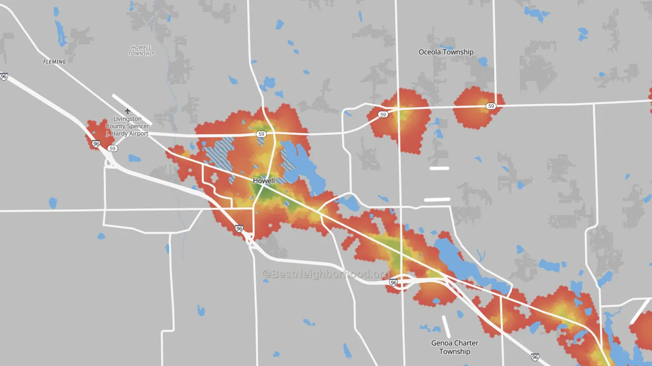 Walk Grade map of Howell, MI, walkable areas in green and car-dependent areas in red