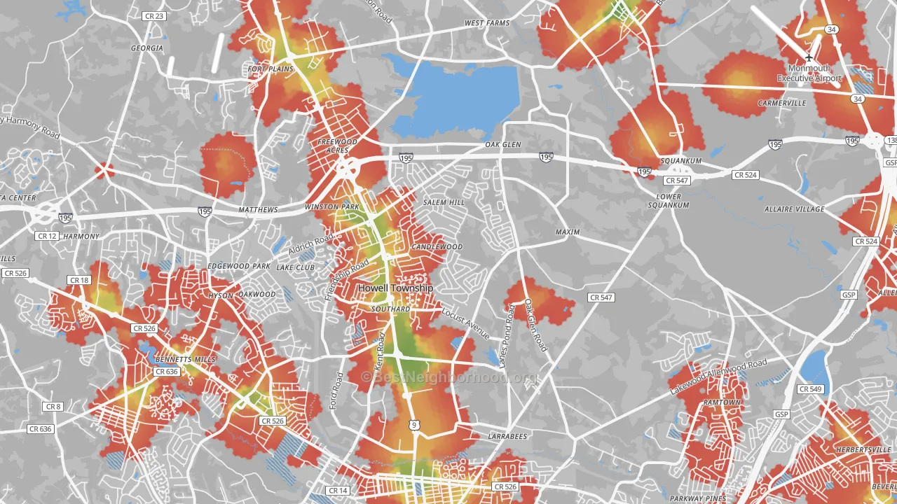 Walk Grade map of Howell, NJ, walkable areas in green and car-dependent areas in red