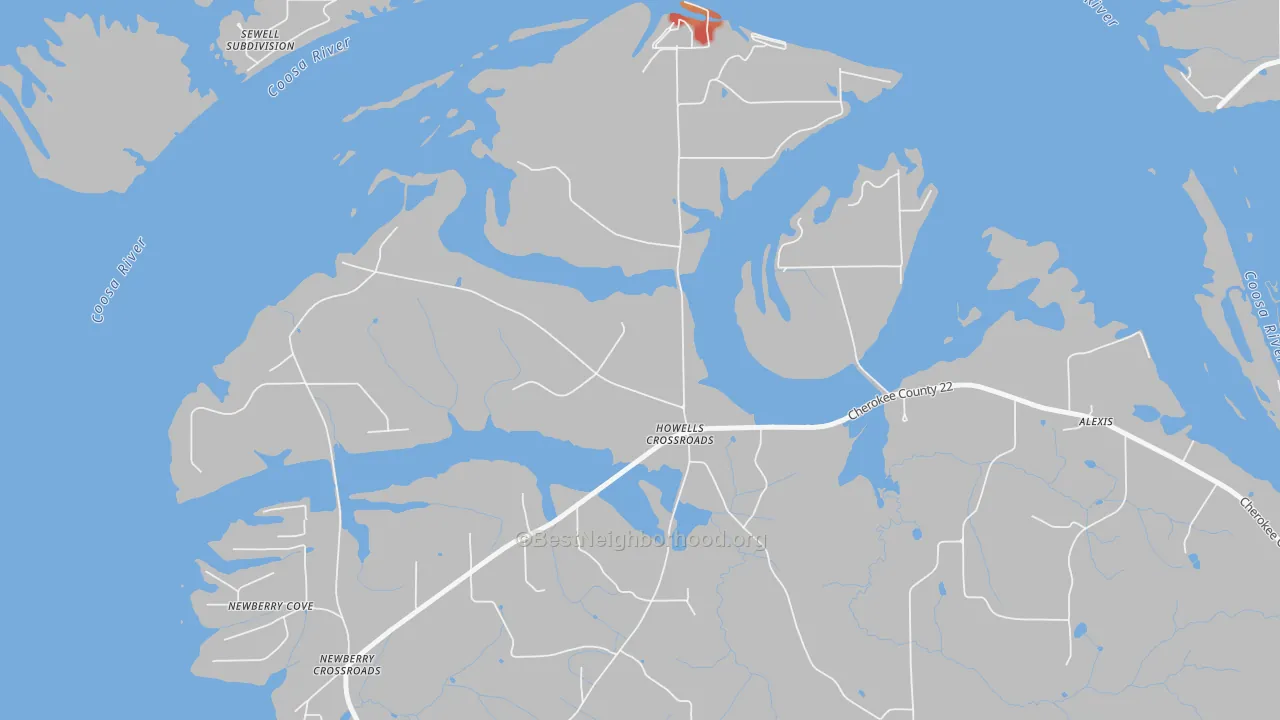 Walk Grade map of Howells Crossroads, AL, walkable areas in green and car-dependent areas in red
