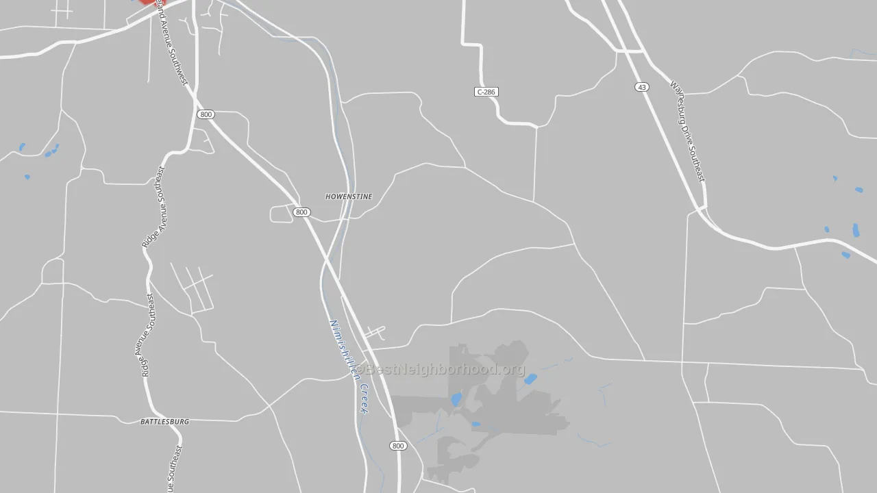 Walk Grade map of Howenstine, OH, walkable areas in green and car-dependent areas in red