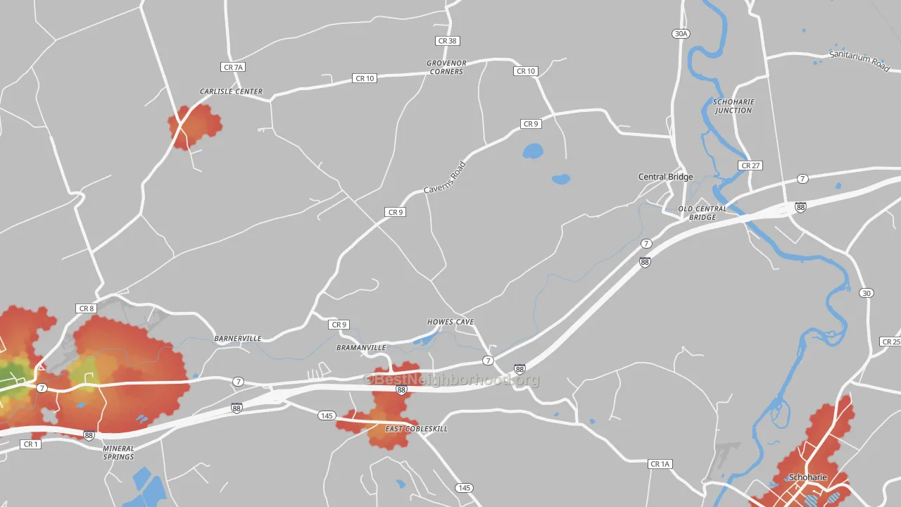 Walk Grade map of Howes Cave, NY, walkable areas in green and car-dependent areas in red