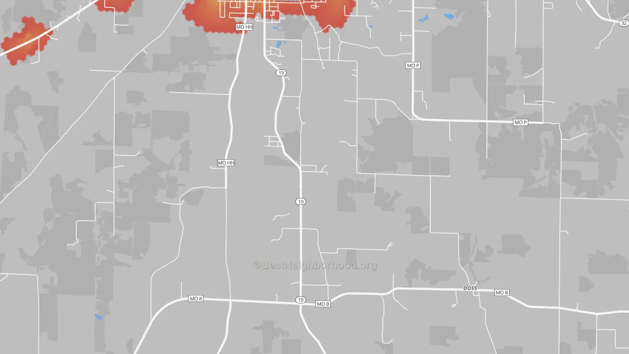 Walk Grade map of Howes Mill, MO, walkable areas in green and car-dependent areas in red
