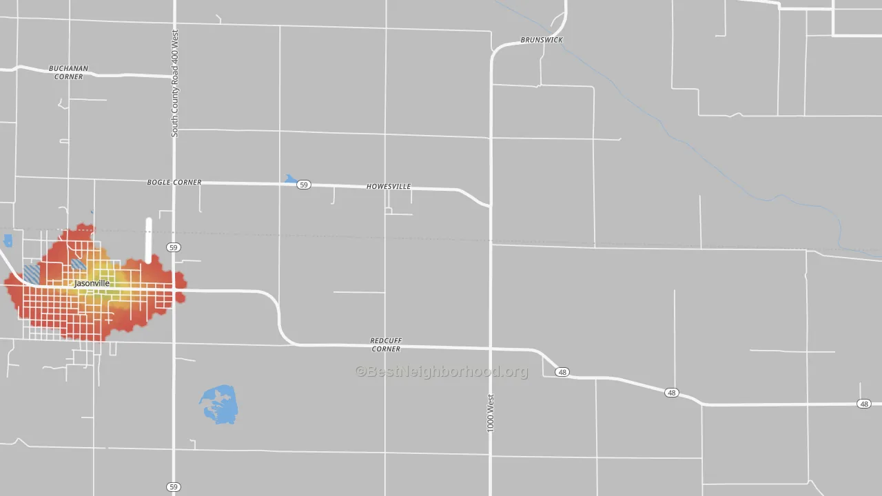 Walk Grade map of Howesville, IN, walkable areas in green and car-dependent areas in red