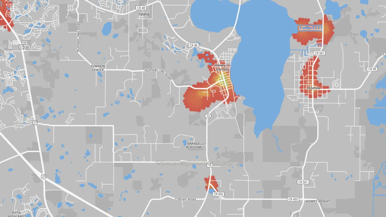 Walk Grade map of Howey-in-the-Hills, FL, walkable areas in green and car-dependent areas in red