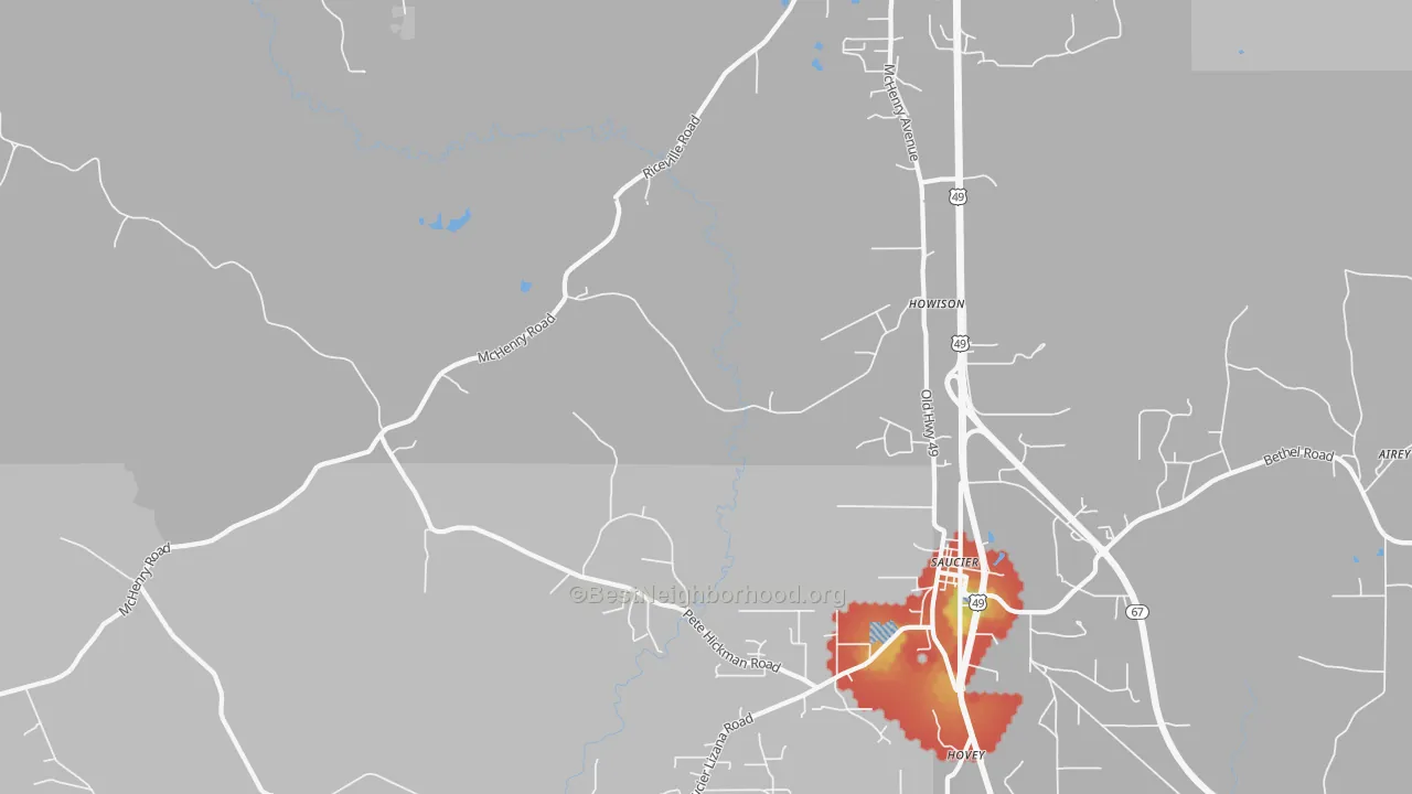 Walk Grade map of Howison, MS, walkable areas in green and car-dependent areas in red