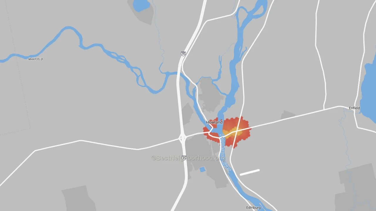 Walk Grade map of Howland, ME, walkable areas in green and car-dependent areas in red