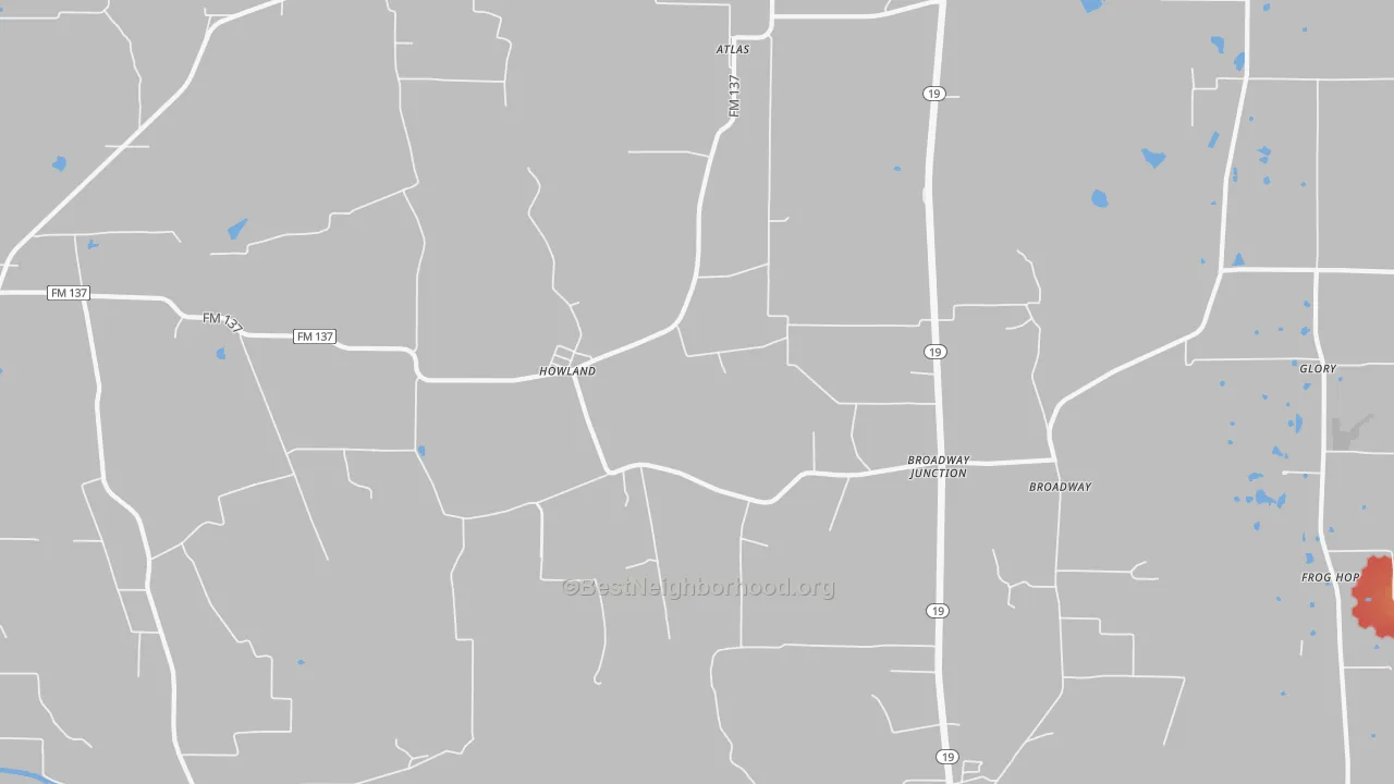 Walk Grade map of Howland, TX, walkable areas in green and car-dependent areas in red