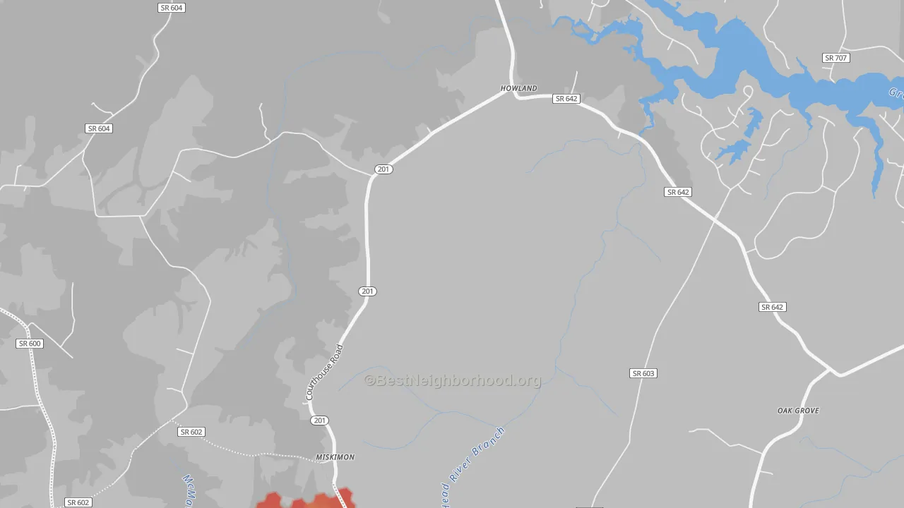 Walk Grade map of Howland, VA, walkable areas in green and car-dependent areas in red