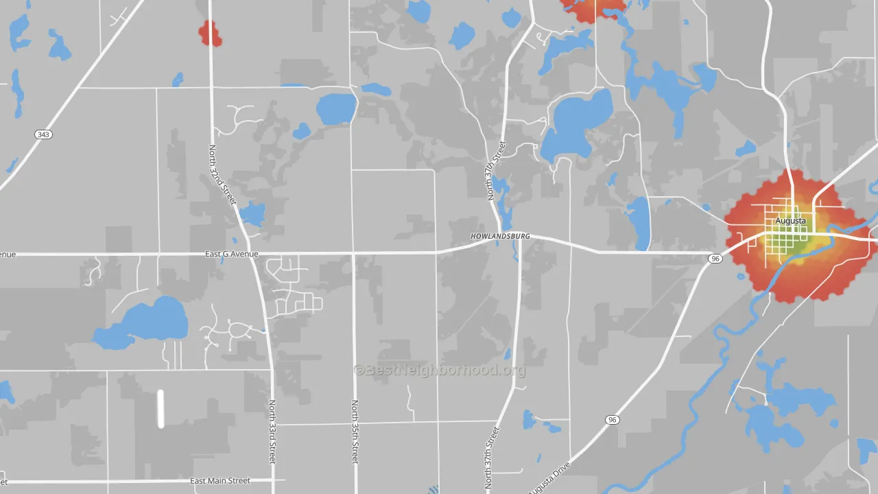 Walk Grade map of Howlandsburg, MI, walkable areas in green and car-dependent areas in red