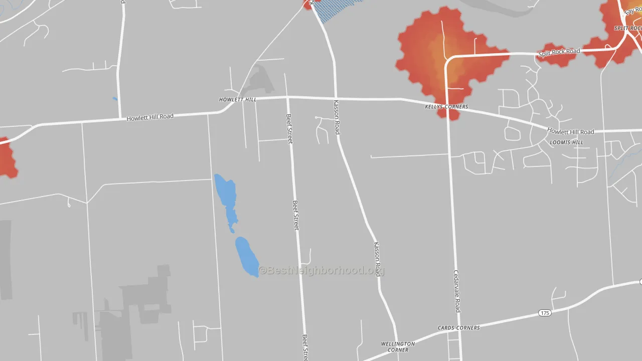 Walk Grade map of Howlett Hill, NY, walkable areas in green and car-dependent areas in red