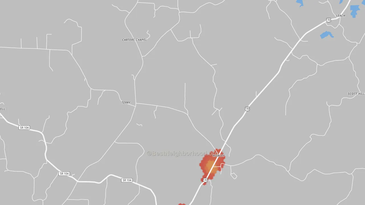 Walk Grade map of Howley, TN, walkable areas in green and car-dependent areas in red