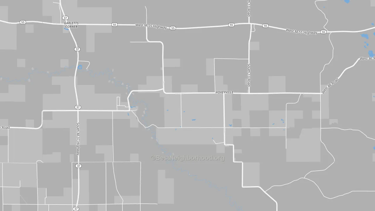 Walk Grade map of Hoxeyville, MI, walkable areas in green and car-dependent areas in red