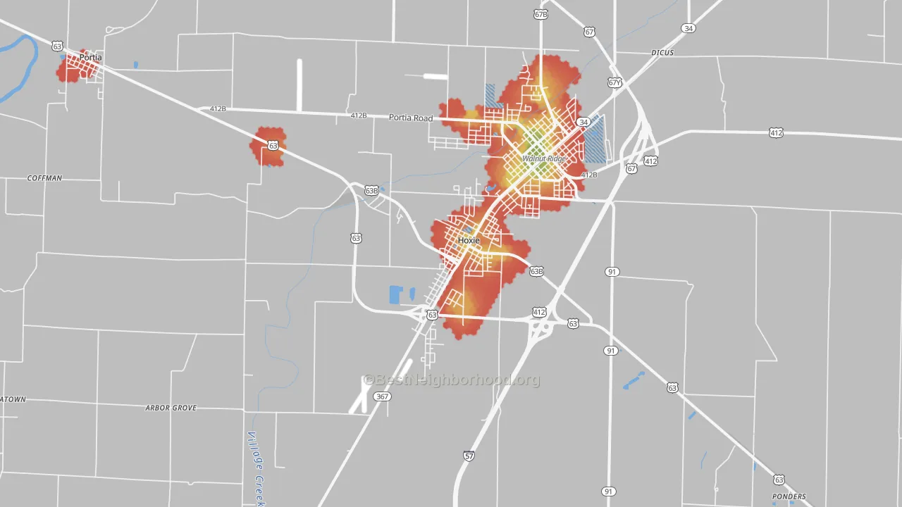 Walk Grade map of Hoxie, AR, walkable areas in green and car-dependent areas in red