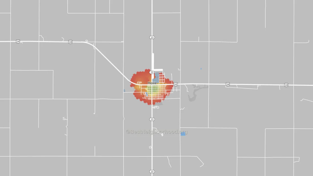 Walk Grade map of Hoxie, KS, walkable areas in green and car-dependent areas in red