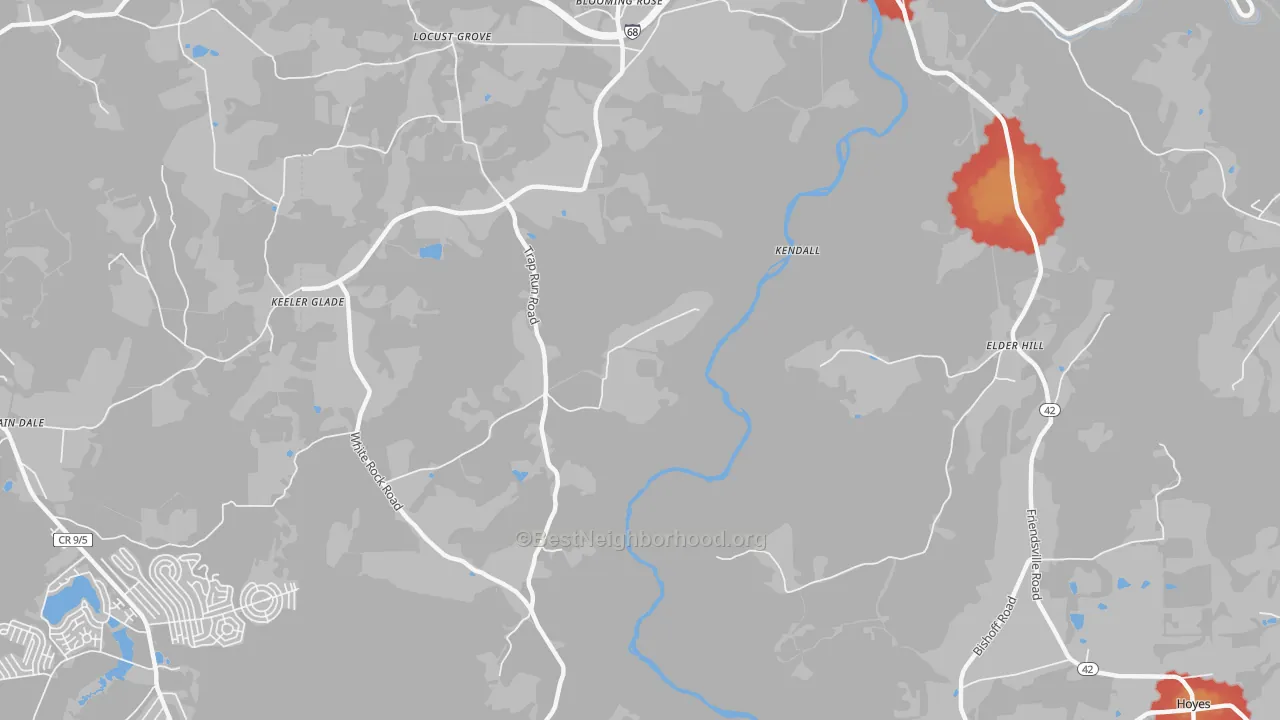 Walk Grade map of Hoyes, MD, walkable areas in green and car-dependent areas in red