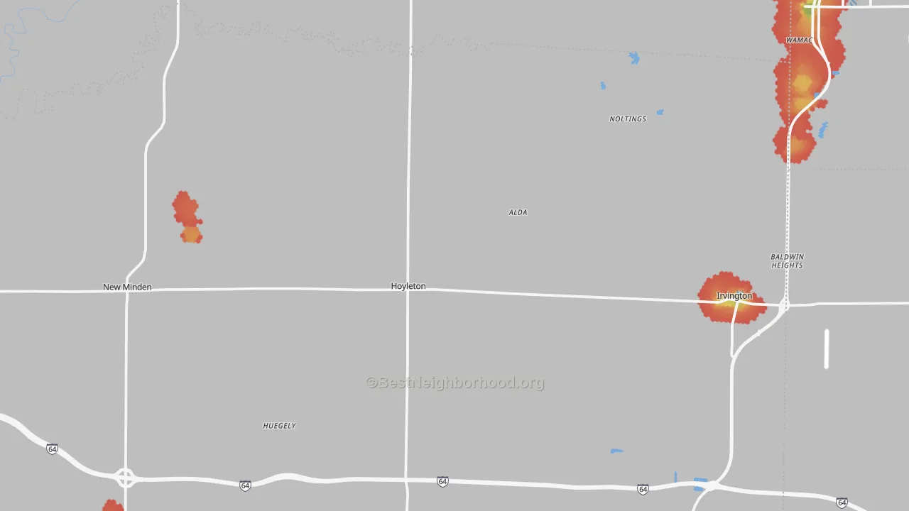 Walk Grade map of Hoyleton, IL, walkable areas in green and car-dependent areas in red