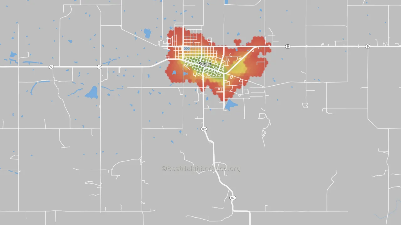 Walk Grade map of Hoyt, OK, walkable areas in green and car-dependent areas in red