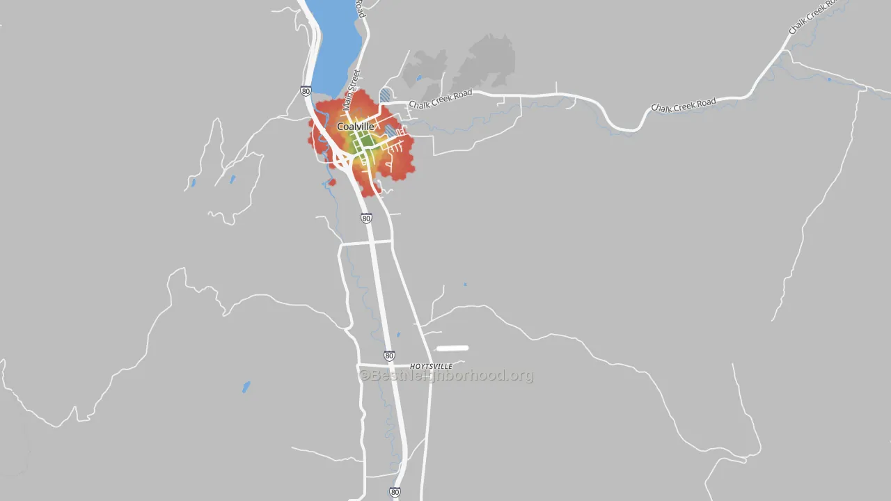 Walk Grade map of Hoytsville, UT, walkable areas in green and car-dependent areas in red