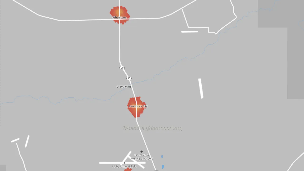 Walk Grade map of Huachuca City, AZ, walkable areas in green and car-dependent areas in red