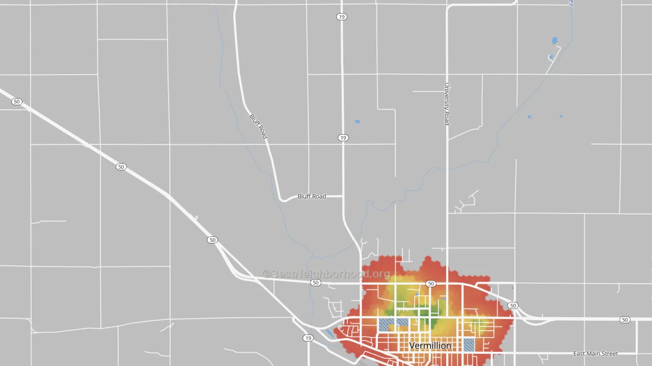 Walk Grade map of Hub City, SD, walkable areas in green and car-dependent areas in red