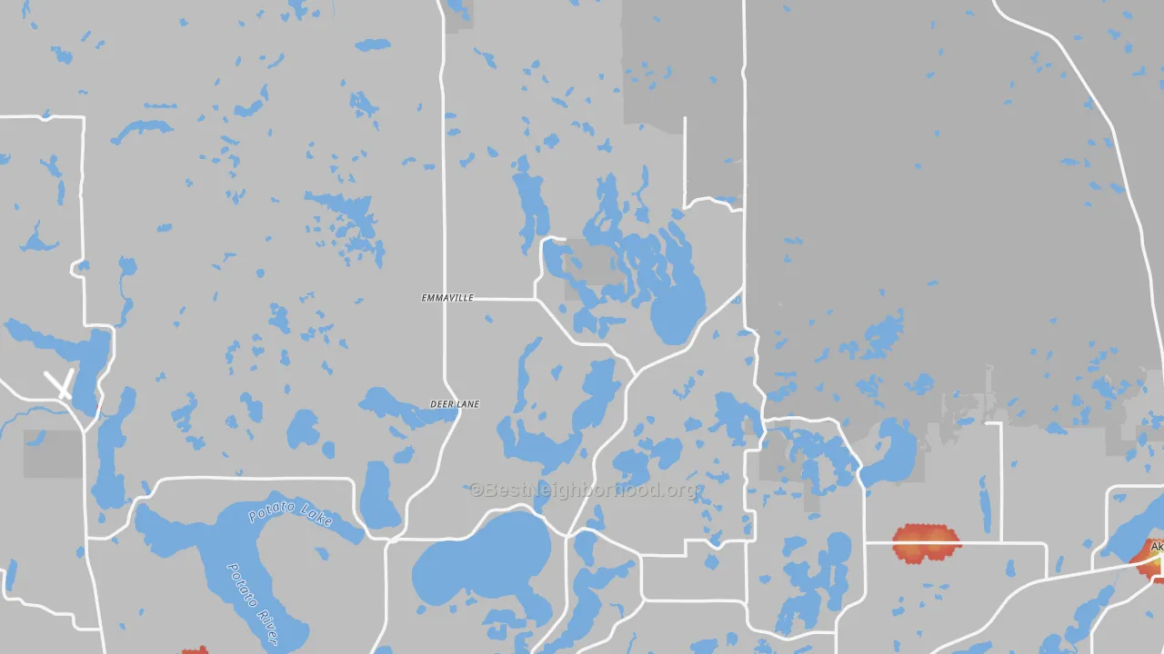 Walk Grade map of Hubbard County, MN, walkable areas in green and car-dependent areas in red