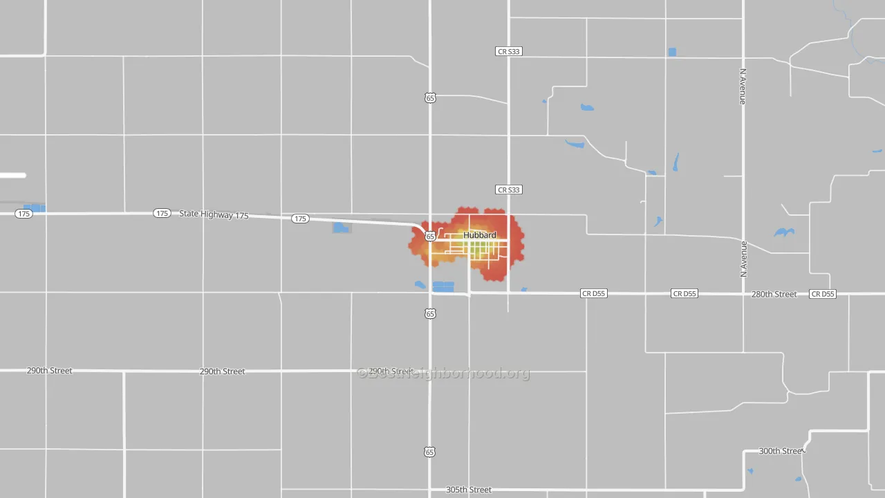 Walk Grade map of Hubbard, IA, walkable areas in green and car-dependent areas in red