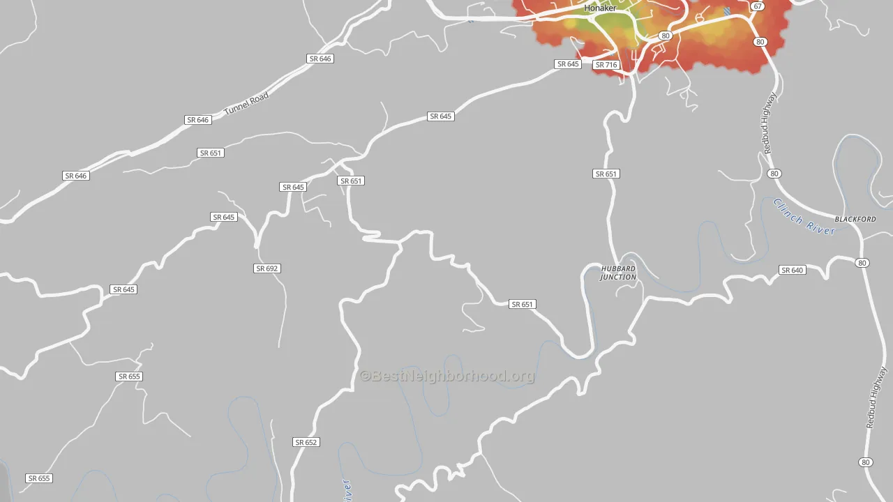 Walk Grade map of Hubbard Junction, VA, walkable areas in green and car-dependent areas in red