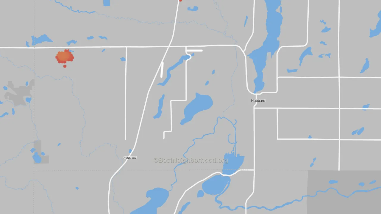 Walk Grade map of Hubbard, MN, walkable areas in green and car-dependent areas in red