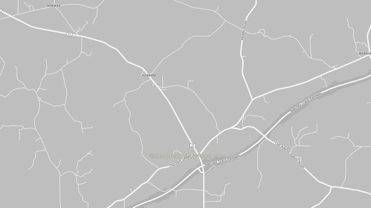 Walk Grade map of Hubbard, MS, walkable areas in green and car-dependent areas in red