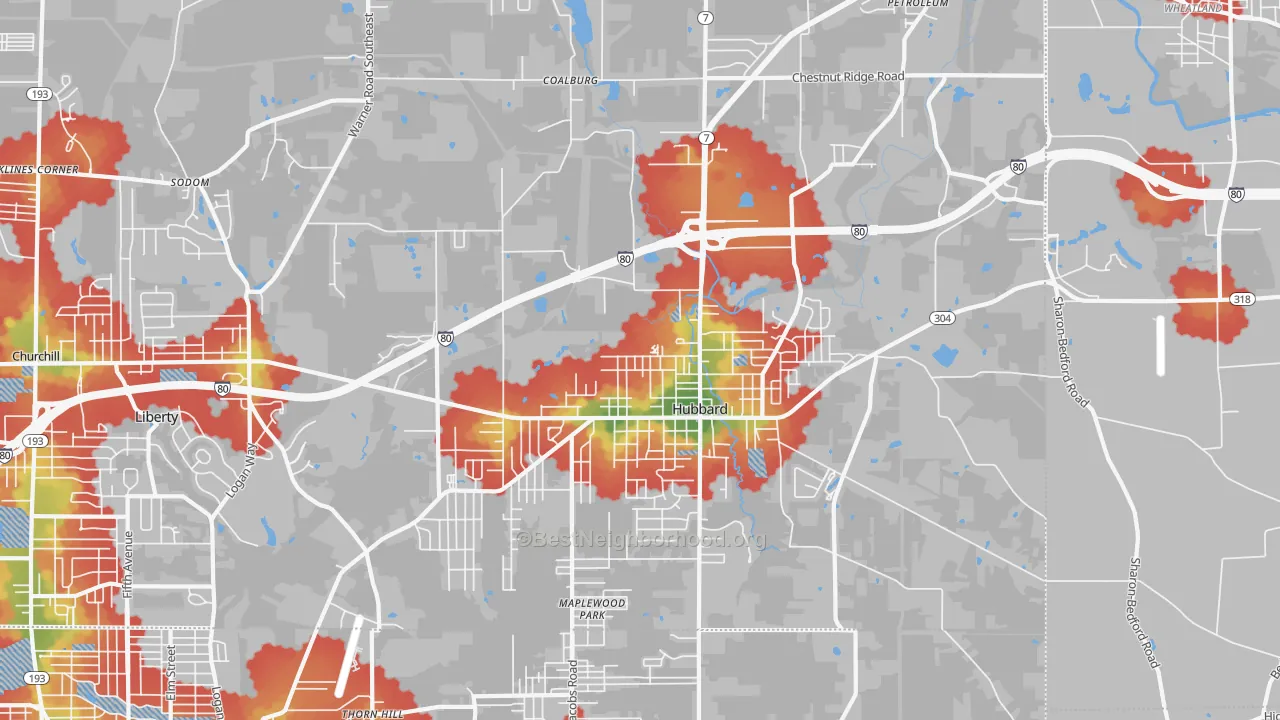 Walk Grade map of Hubbard, OH, walkable areas in green and car-dependent areas in red