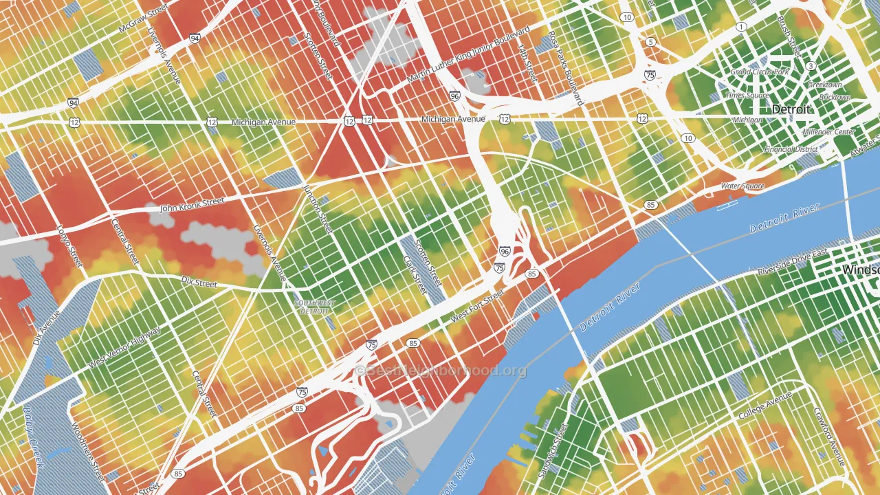 Walk Grade map of Hubbard-Richard, Detroit, MI, walkable areas in green and car-dependent areas in red