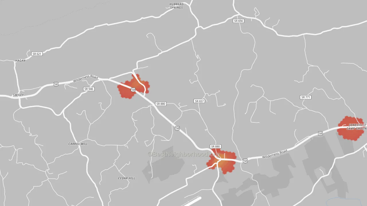 Walk Grade map of Hubbard Springs, VA, walkable areas in green and car-dependent areas in red