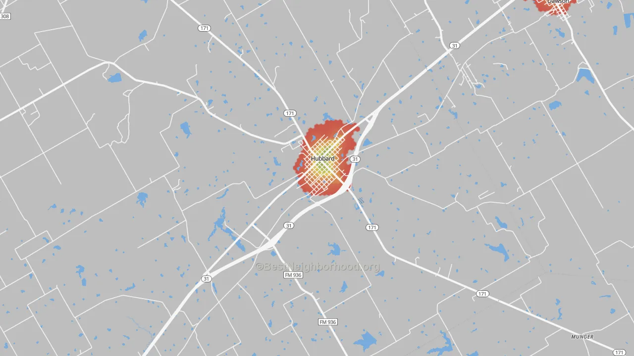 Walk Grade map of Hubbard, TX, walkable areas in green and car-dependent areas in red
