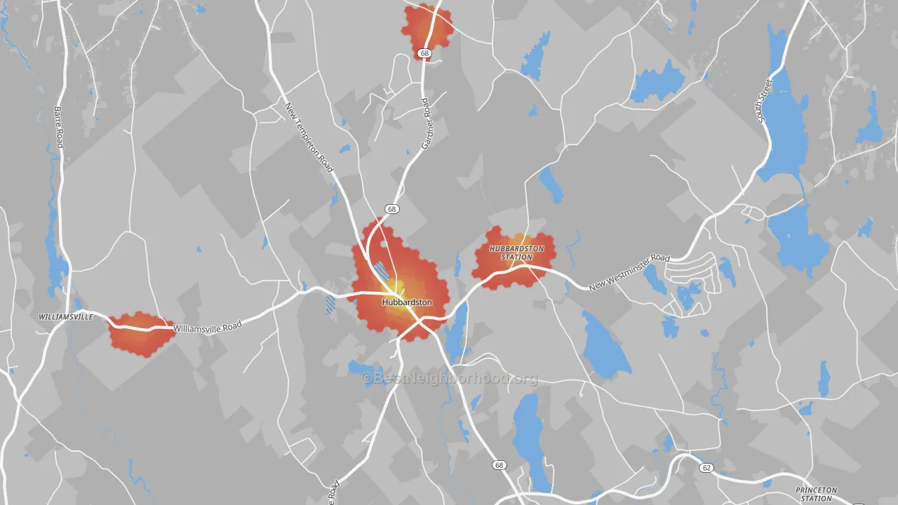 Walk Grade map of Hubbardston, MA, walkable areas in green and car-dependent areas in red