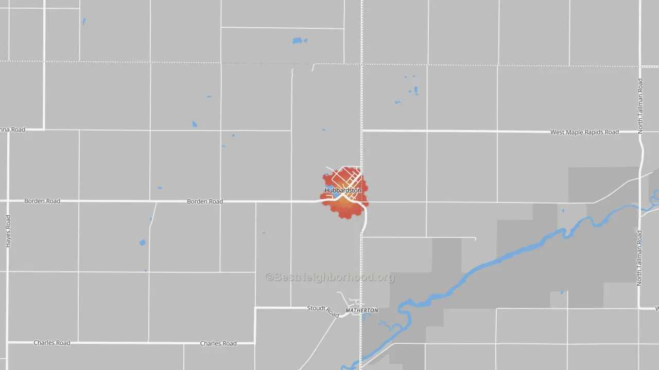 Walk Grade map of Hubbardston, MI, walkable areas in green and car-dependent areas in red